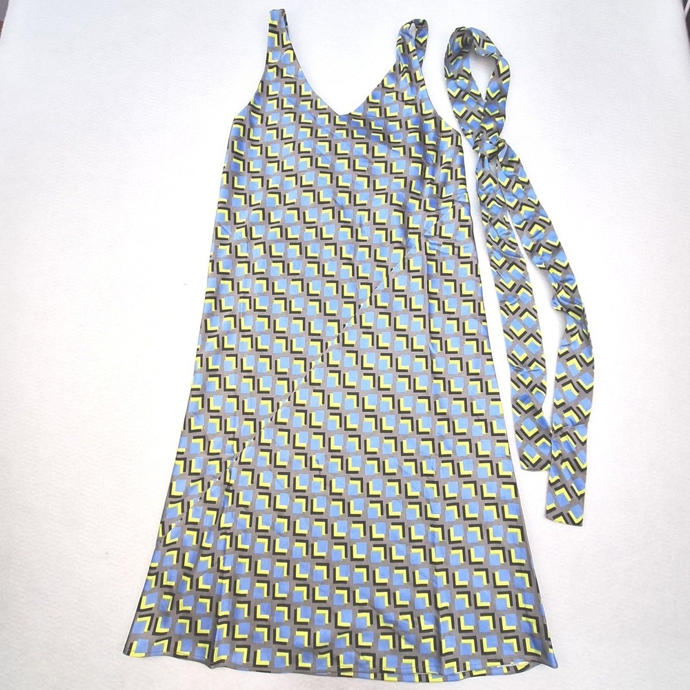 Wildfang Empower Satin Slip Dress Womens Small Cubic Blue Yellow Geometric